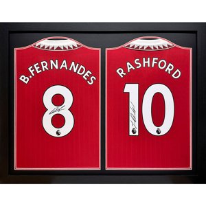 Legendy zarámované dresy Manchester United FC 2022-2023 Bruno Fernandes & Rashford Signed Shirts (Dual Framed) TM-04681